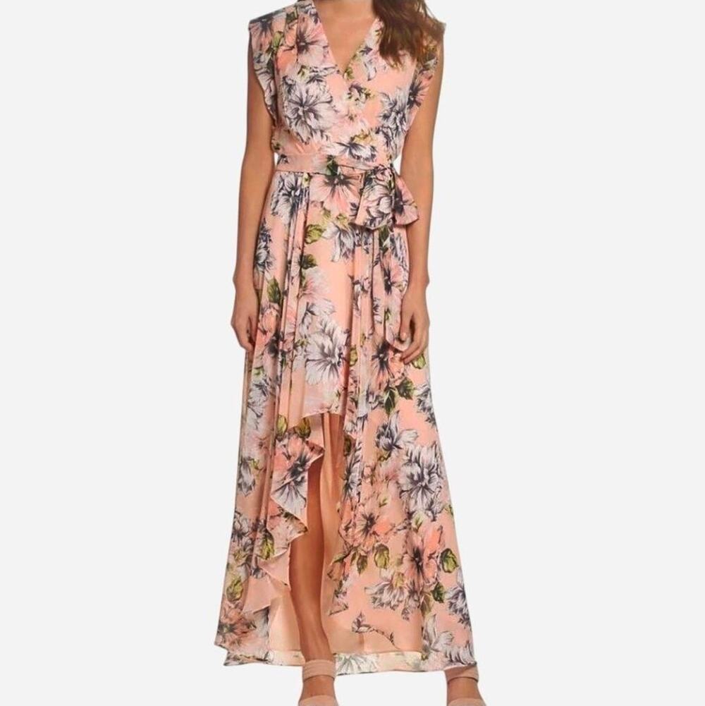 Eliza J Floral Print Ruffled High Low Belted Blush Pink Wedding Guest Maxi Dress